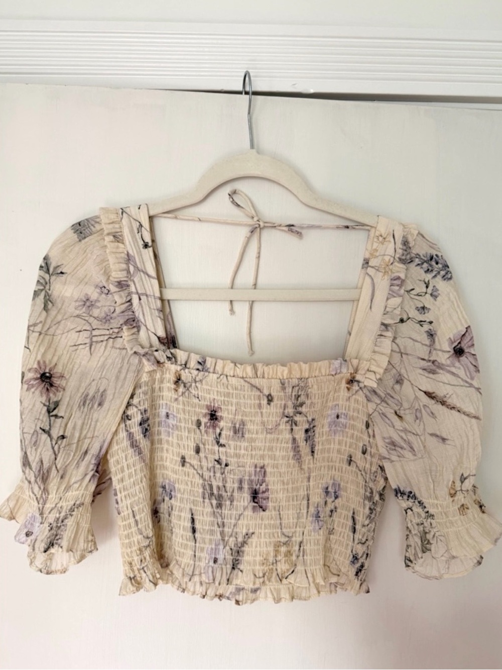 H&M Cream Floral Smocked Square-Neck Crop Top- women’s size S